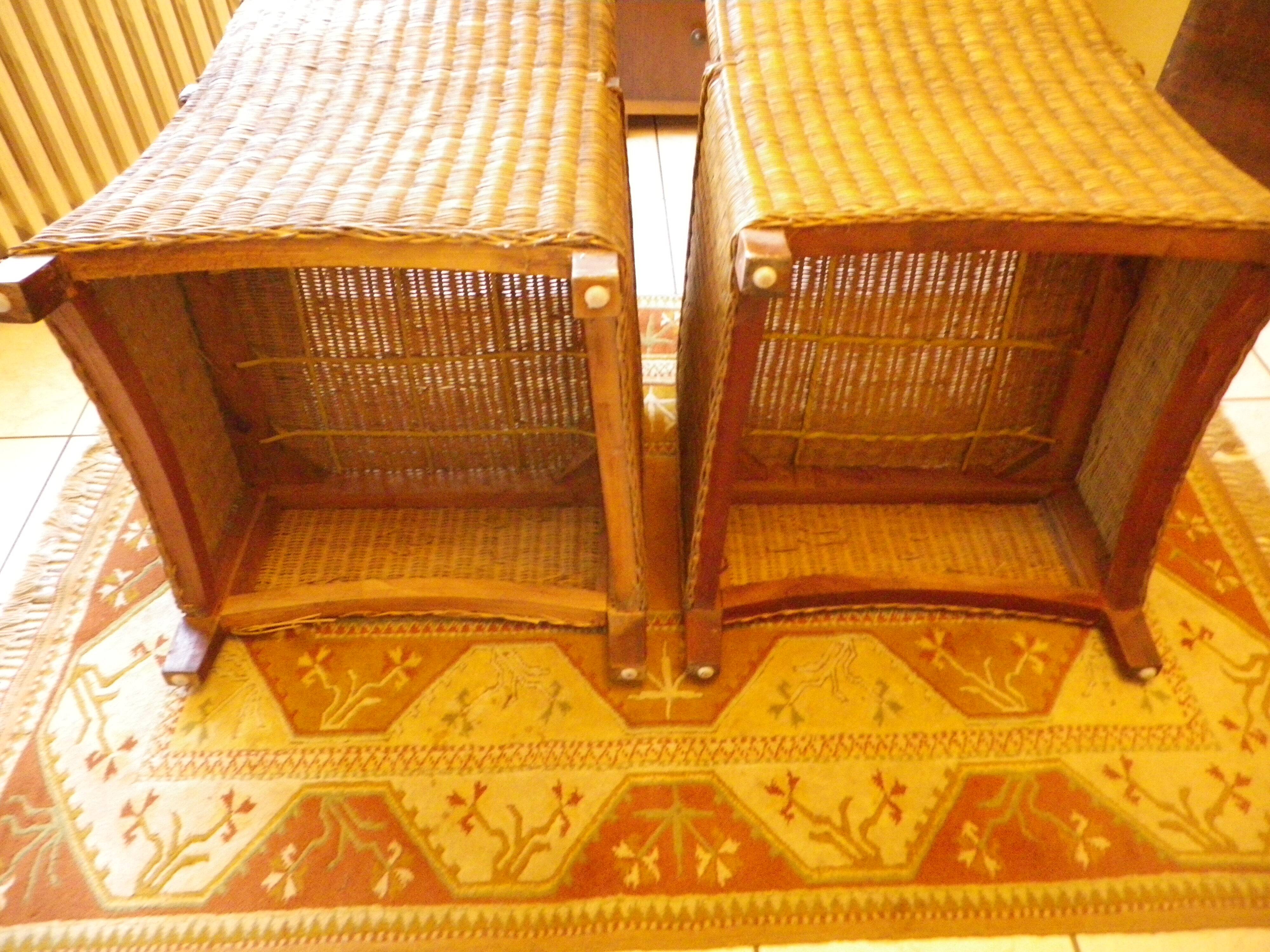 Pair of Club armchairs in ocean liner style, woven rattan and solid wood.