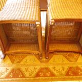 Pair of Club armchairs in ocean liner style, woven rattan and solid wood.