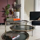 Milo Baughman vintage round coffee table with chrome swivel tops and smoked glass
