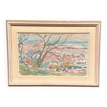 Huile sur toile originale suédoise – « Paysage » par Rune Persson – Signée – Vintage et encadrée – 46 × 65 cm (18,1" × 25,6")