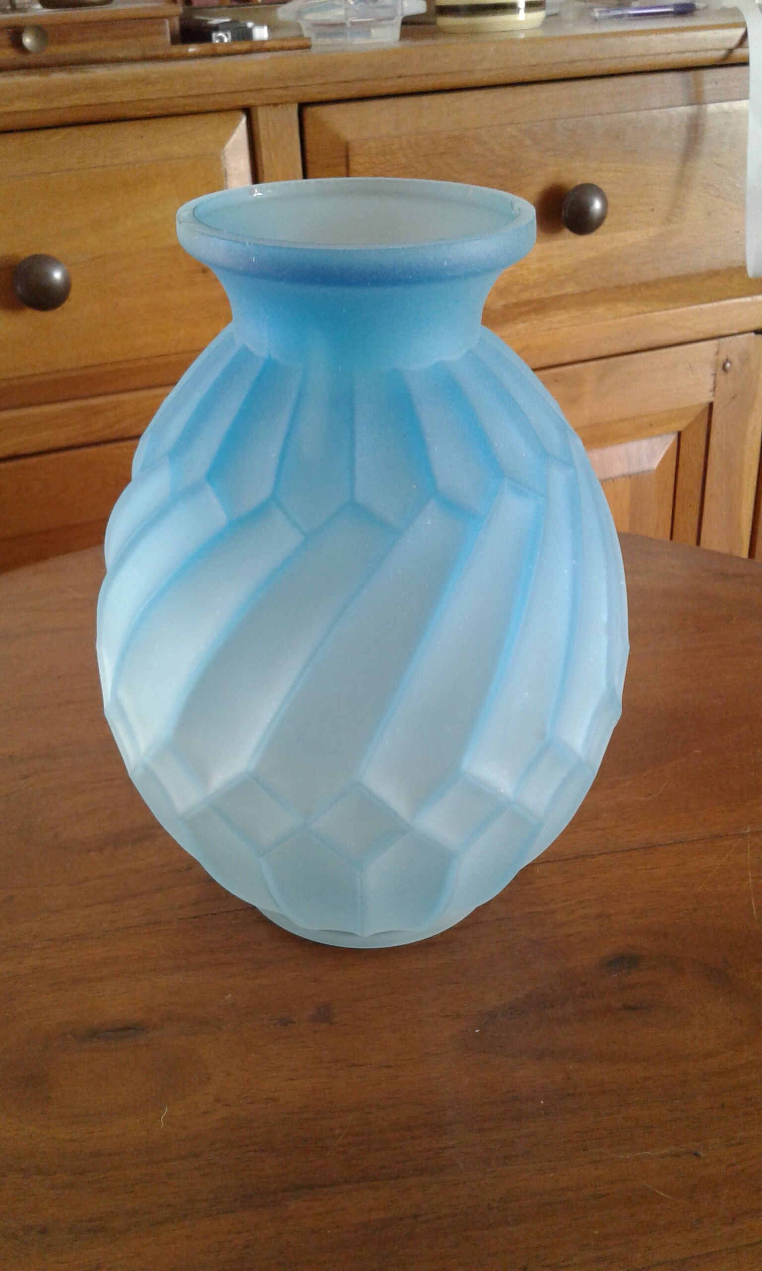 Molded pressed glass blue vase Art Deco, France
