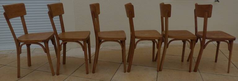 6 vintage Baumann wooden bistro chairs in their patina