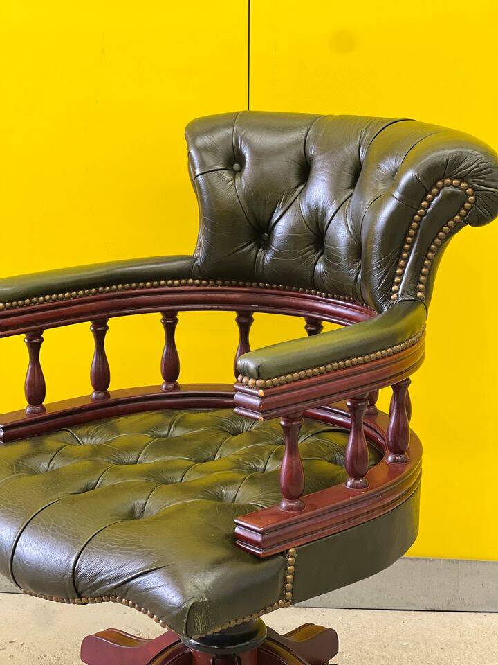 Chesterfield Revolving Captain's Chair with Green Leather Upholstery