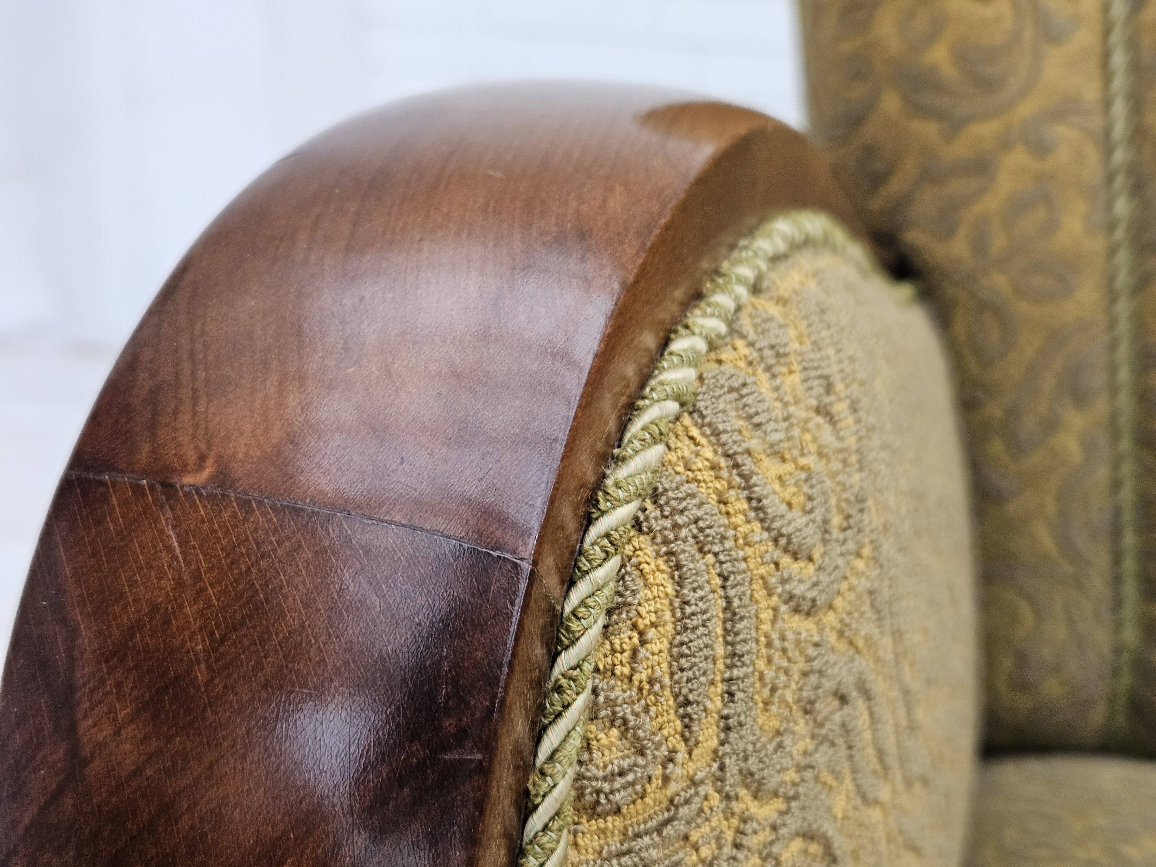 Années 1950-60, canapé danois 3 places, état d'origine, coton/laine, bois de hêtre.