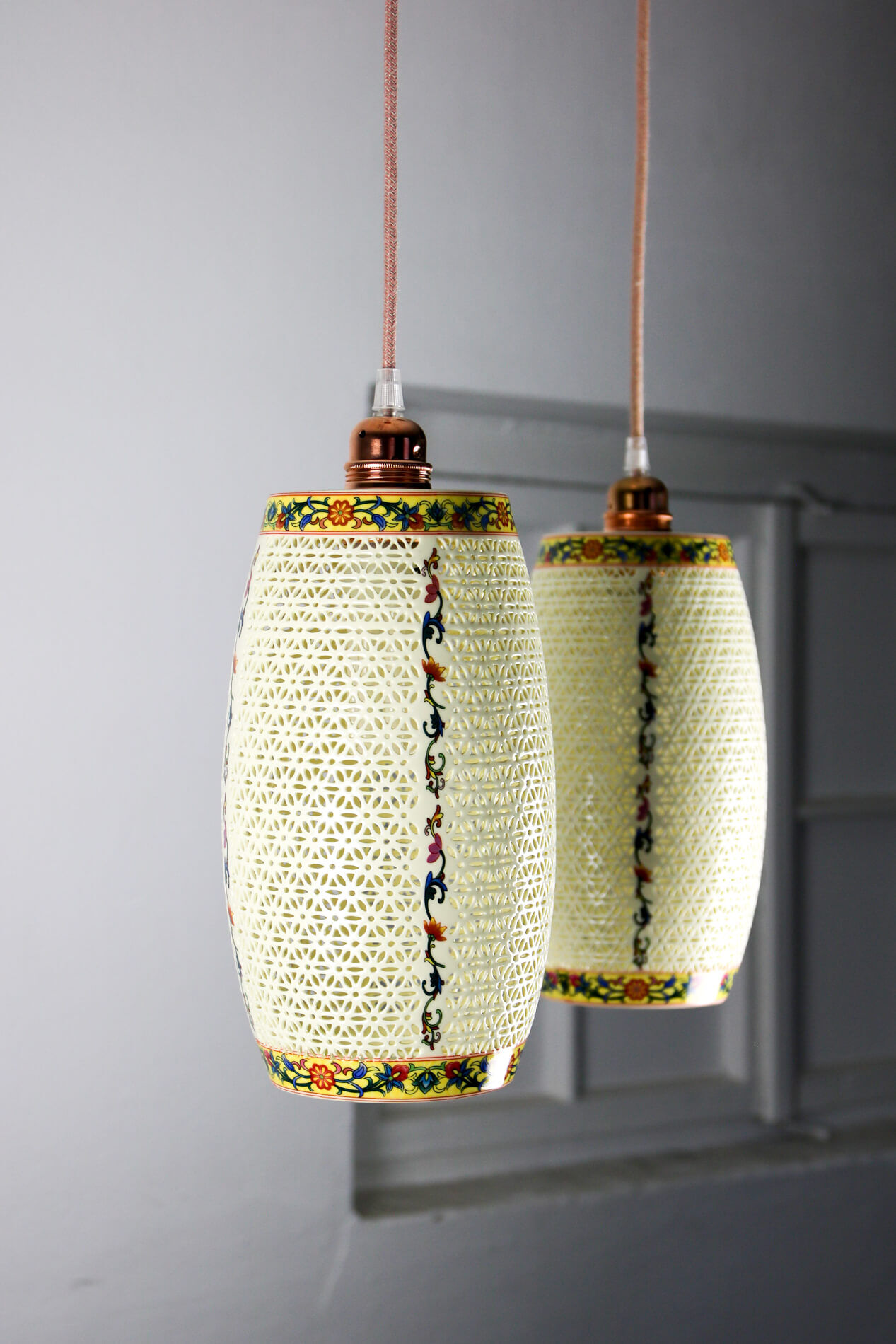 Pair of vintage oriental ceramic pendant lights, 1980s