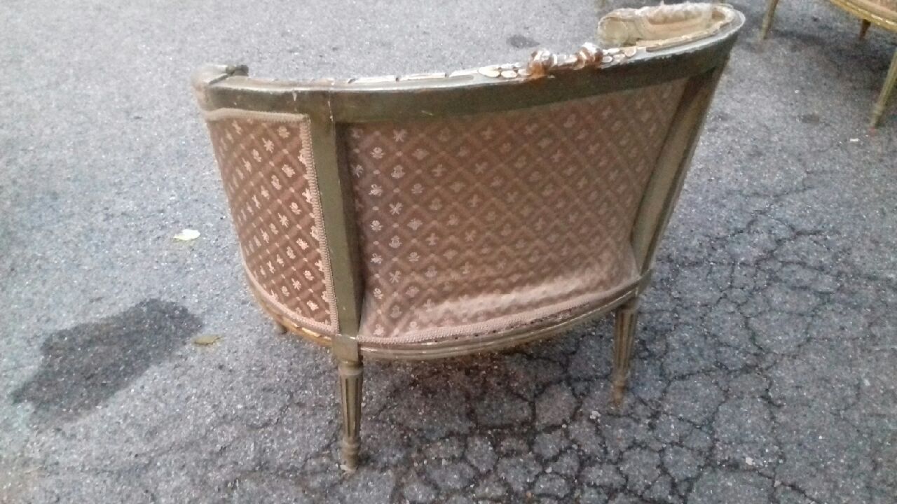 Golden lounge two armchairs and a gondola-shaped sofa and a pair of Louis XVI chairs