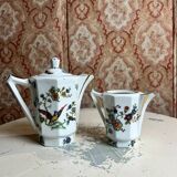 Limoges porcelain teapot/coffee pot and milk jug decorated with peacocks