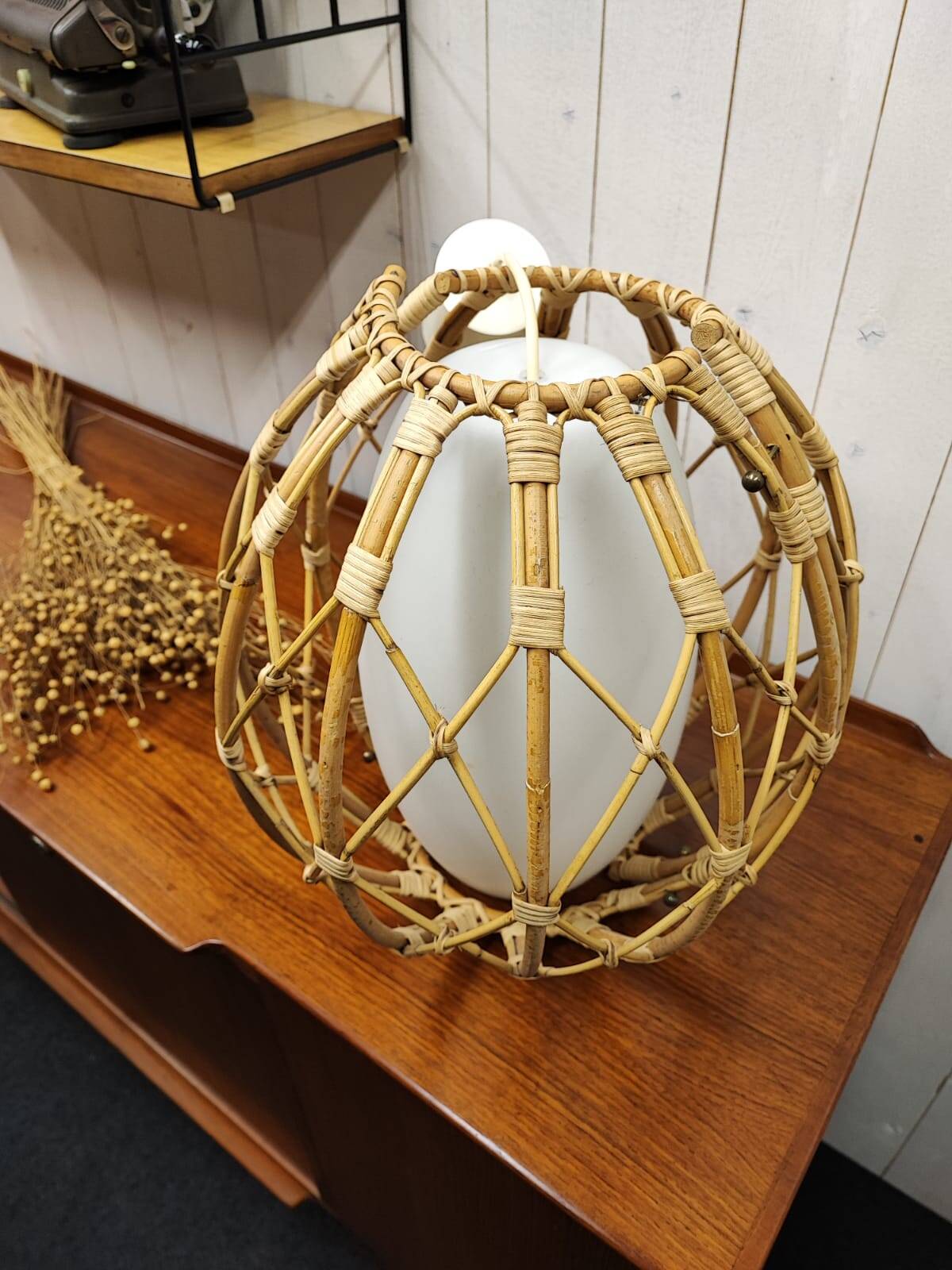 Vintage rattan and opaline pendant light