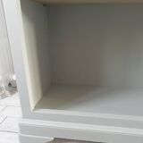 Louis Philippe style bookcase reenchanted in verdigris, 3 light oak waxed shelves.