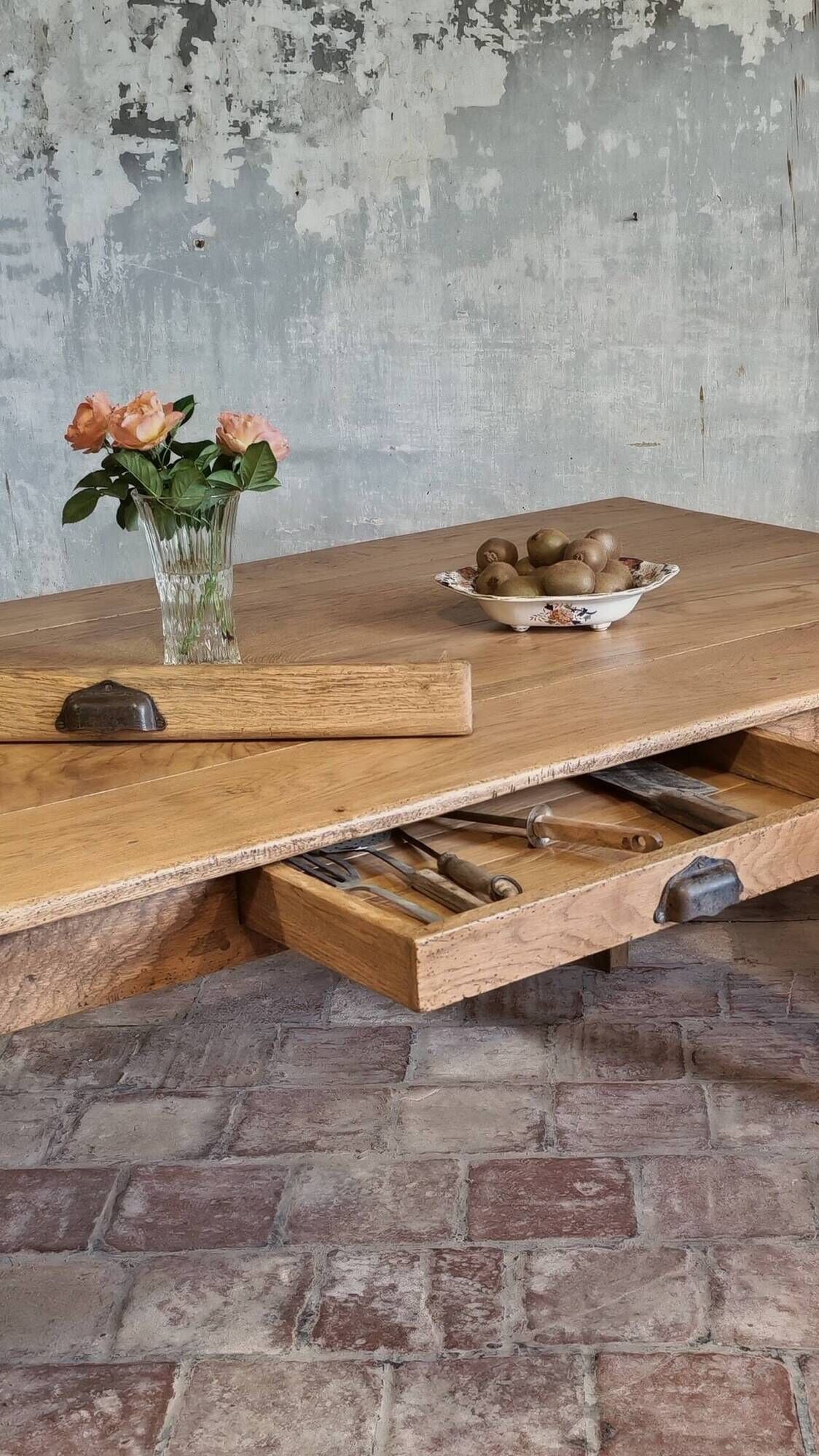 Large authentic farmhouse table made of solid French oak.