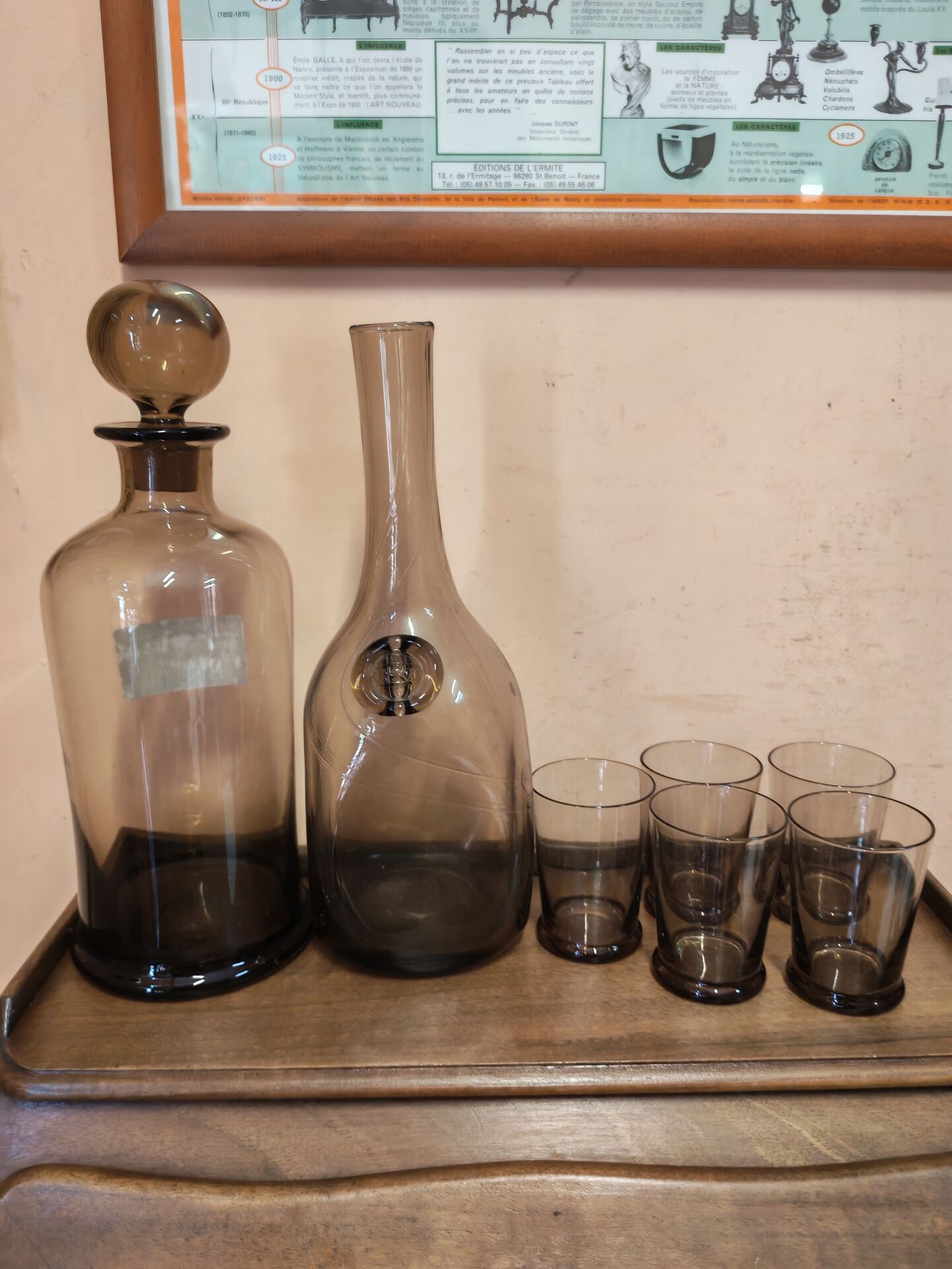 Table service set with a carafe, bottle, and 5 glass cups.