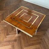 Coffee table in elm burl and brass vintage 1970s