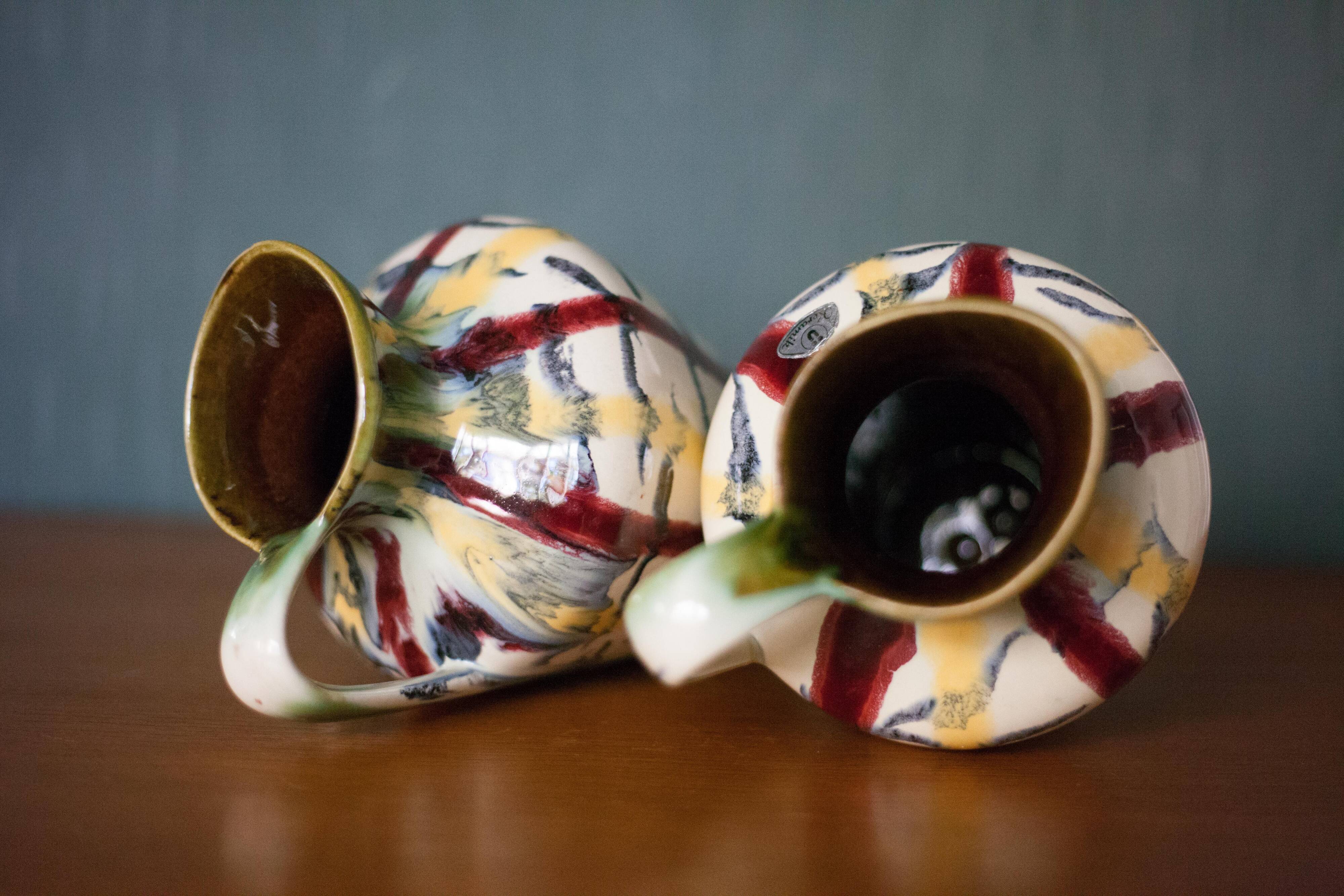 Pair of vintage ceramic vase U-Keramik 1505/20 West Germany, vase with handle, collection, pottery