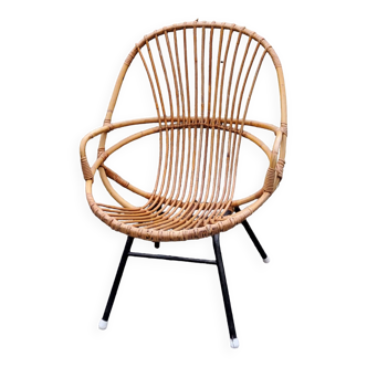 Vintage rattan basket armchair from the 50s with black metal tubes