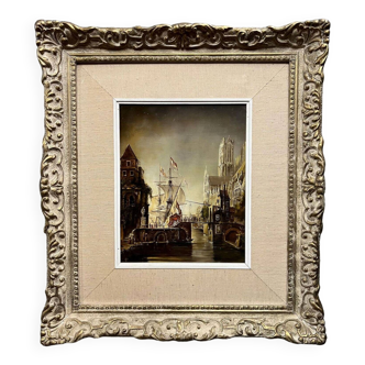 19th century Flemish School: Lively port scene with a cathedral in the background