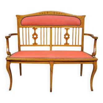 Banquette époque Art Nouveau en bois clair et marquéterie vers 1900
