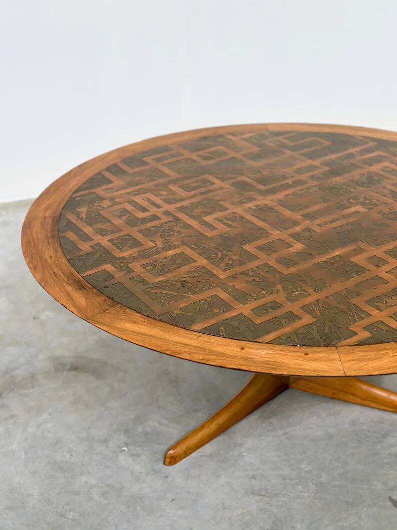 Vintage Wooden Coffee Table with Engraved Brass Top – 1970s
