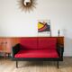 Canapé Day Bed en skaï, tissus rouge chiné et métal noir 1950