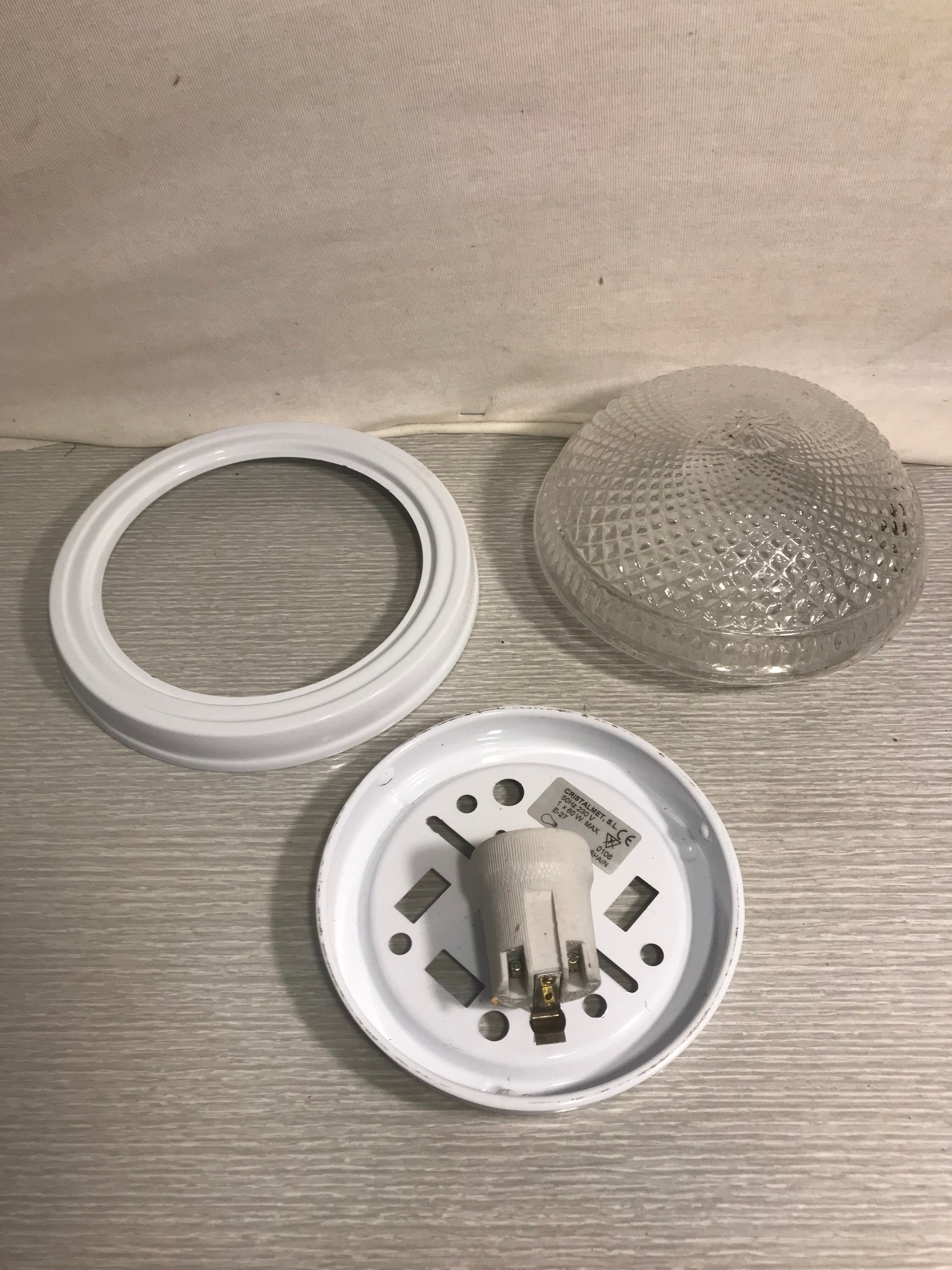 Old ceiling light molded glass vintage white metal support