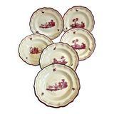 6 anciennes assiettes creuses à soupe Gien paysage rose 1938/1960