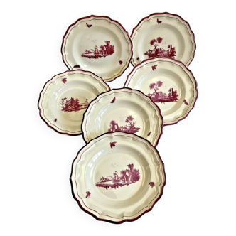 6 anciennes assiettes creuses à soupe Gien paysage rose 1938/1960