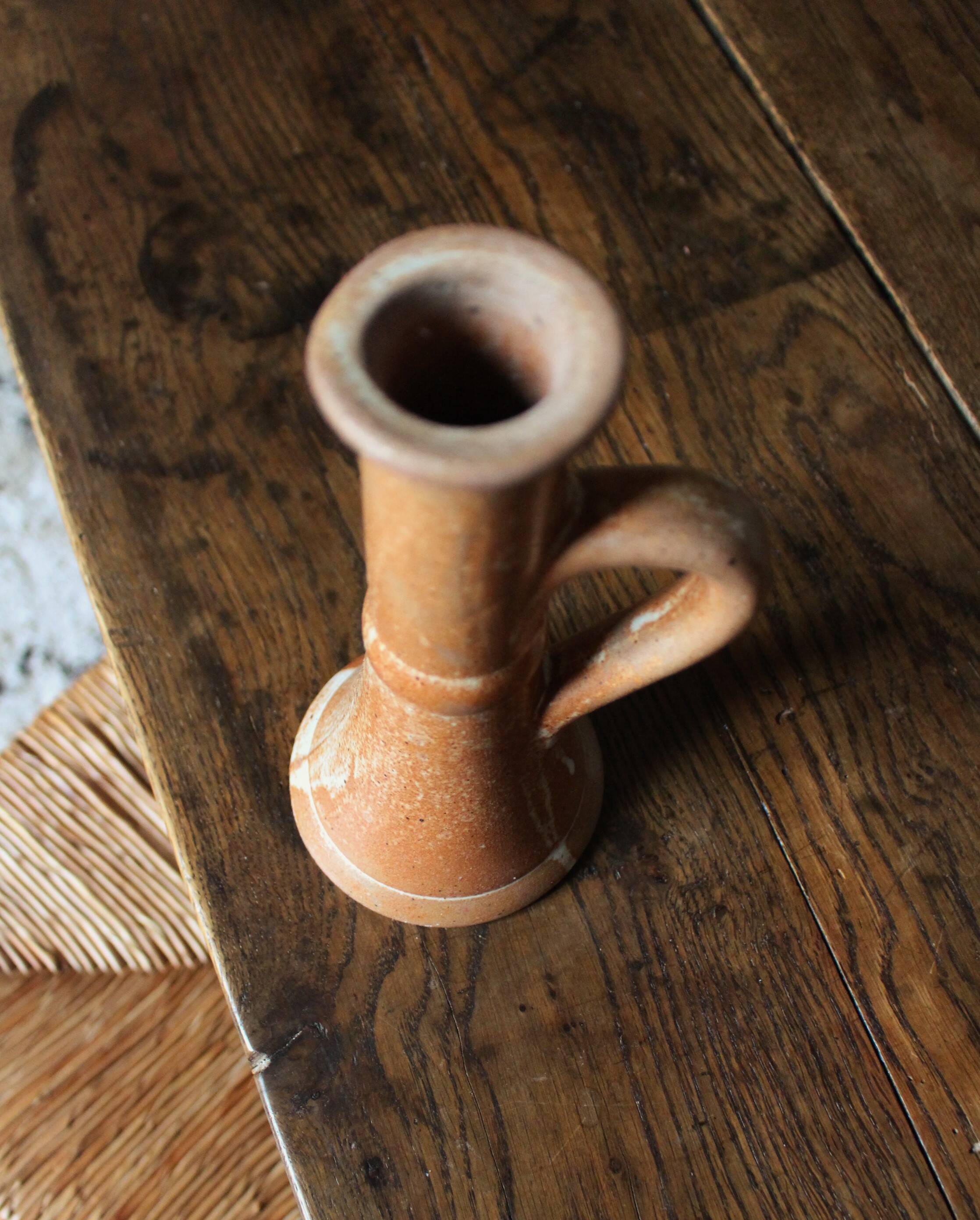 Candle holder with handle, vintage marbled stoneware