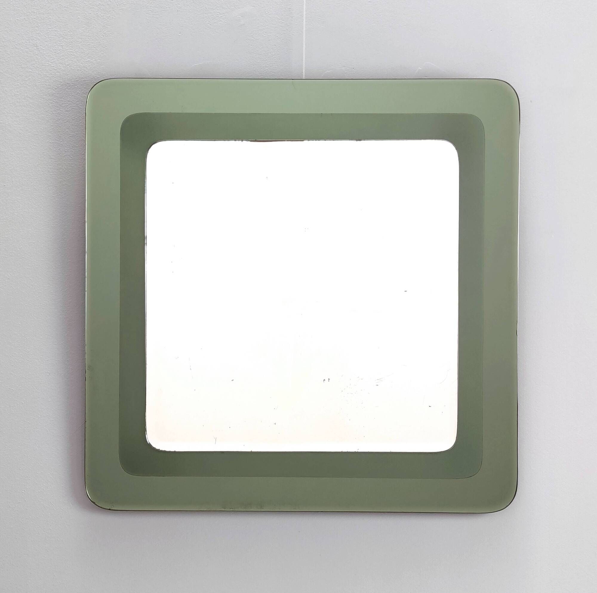 Postmodern square wall mirror with an army green beveled glass frame, Italy