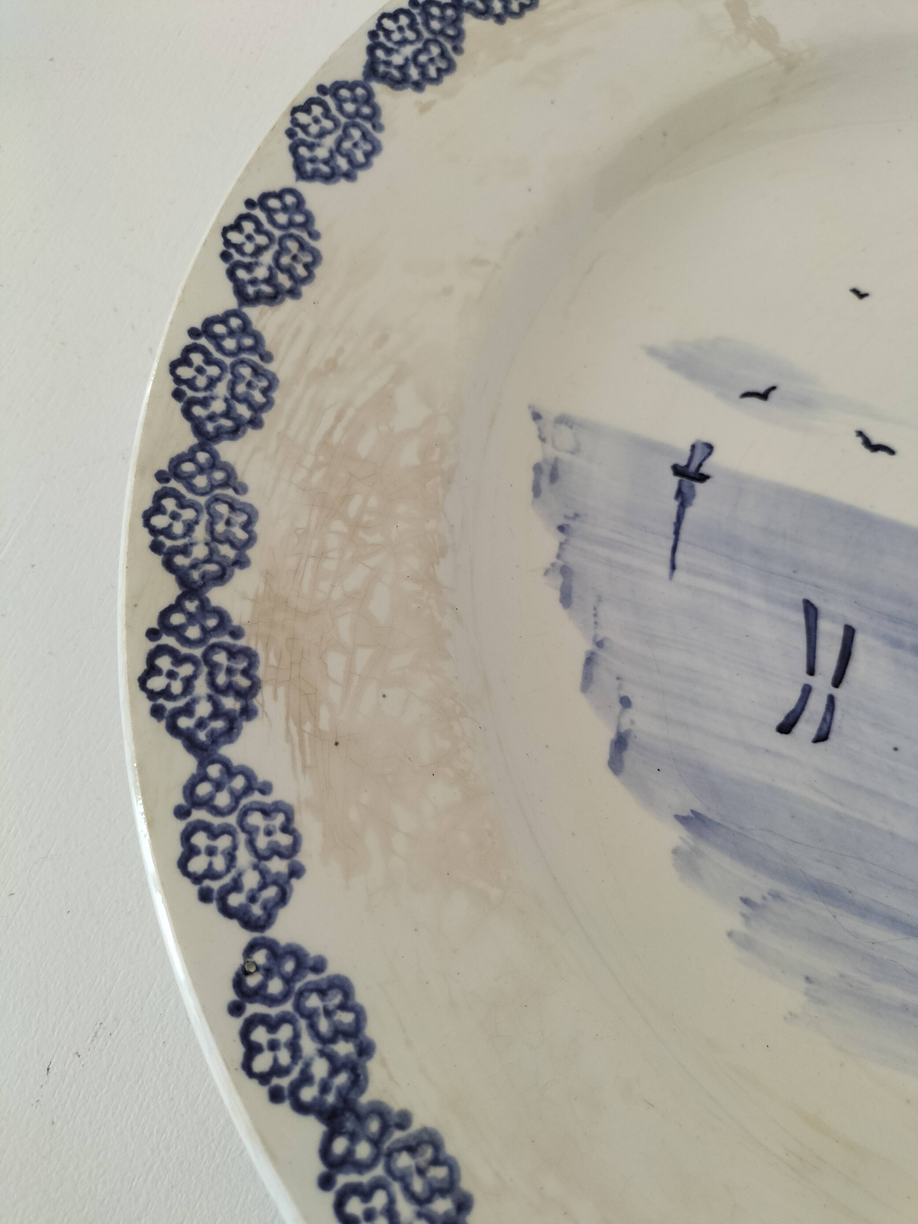 Large antique dish with a sailing boat design – signed A. Lebacqz & M. Bouchart