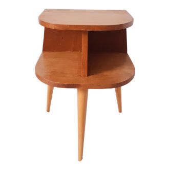 Old bedside table varnished wood, tripod varnished feet, vintage French, 50s (1)