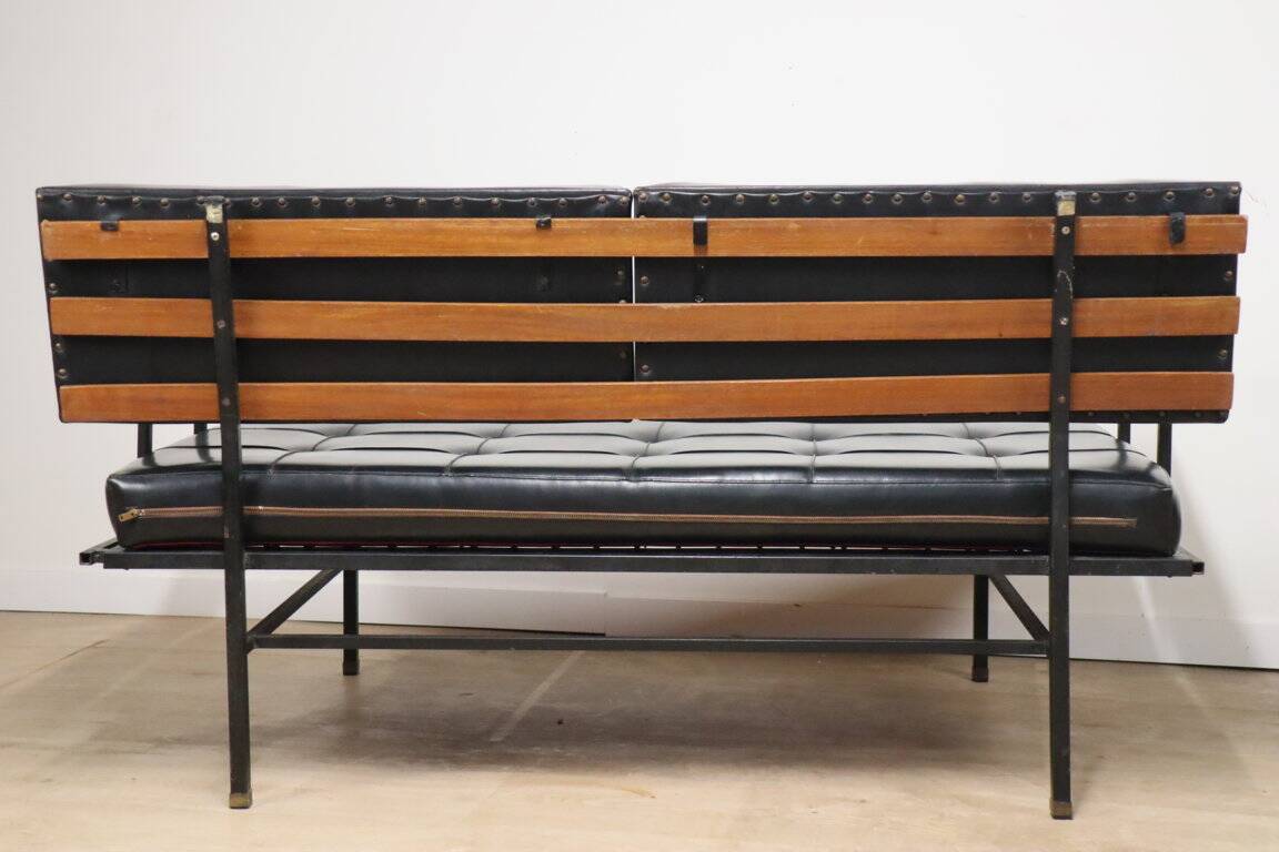 Vintage "Daybed" sofa bench in metal and imitation leather, 1950