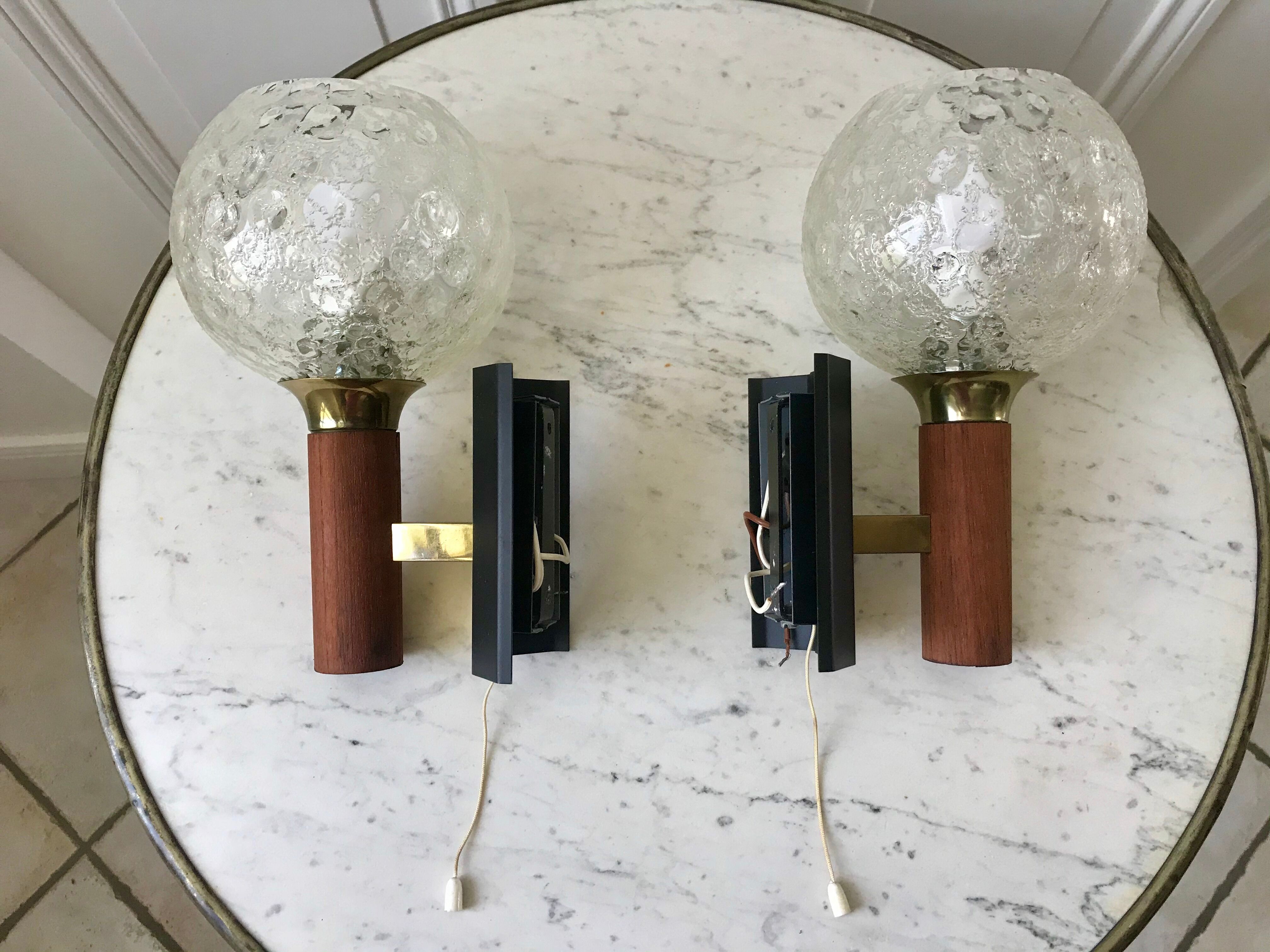 Pair of wall sconces balls in blown glass, metal and teak style 50s