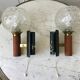 Pair of wall sconces balls in blown glass, metal and teak style 50s