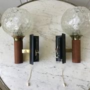 Pair of wall sconces balls in blown glass, metal and teak style 50s