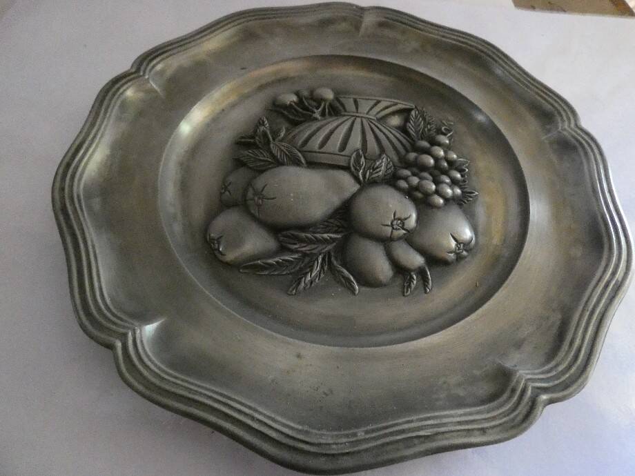 pewter plate with fruit decor