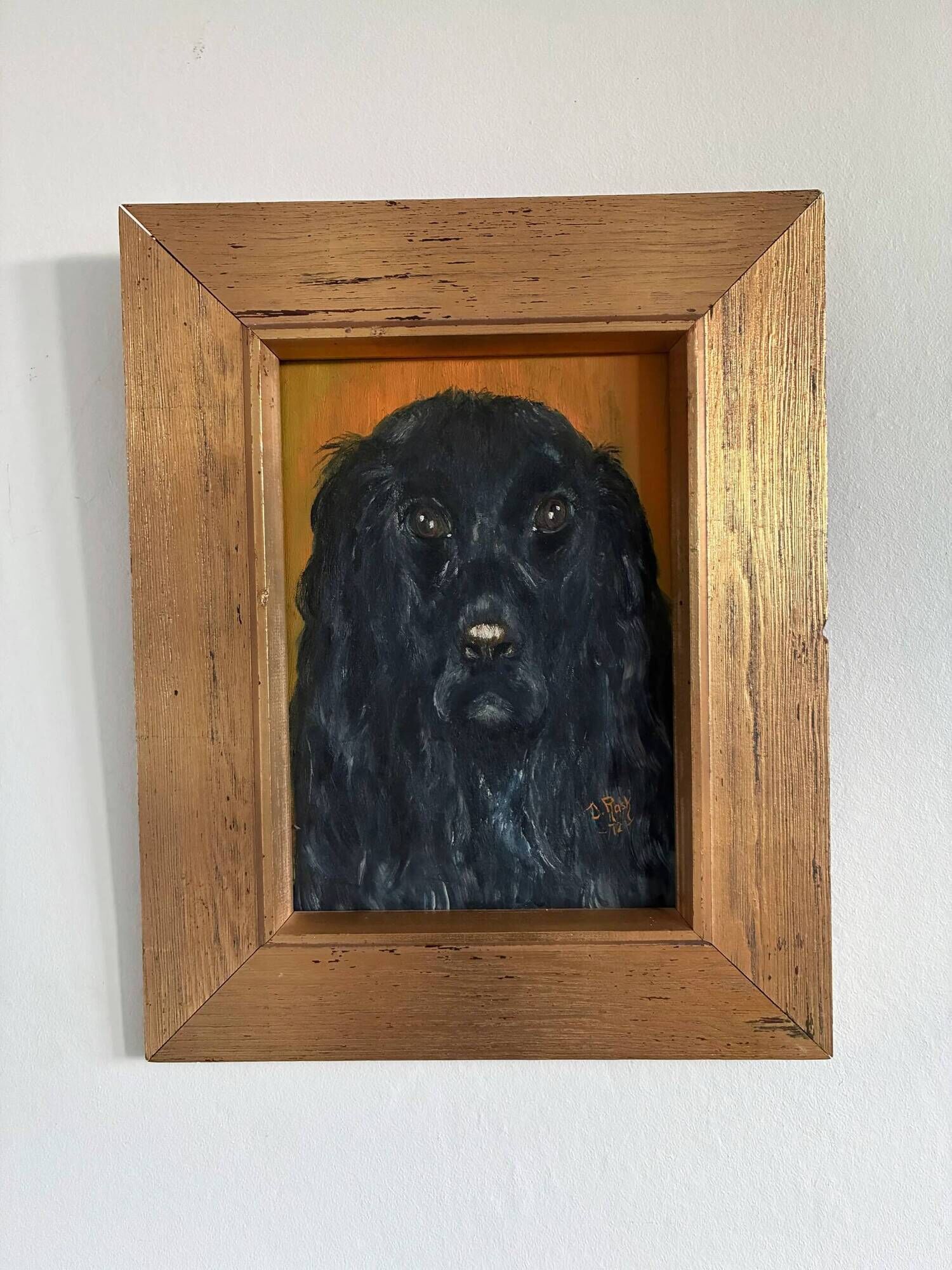 Vintage original dog portrait oil painting, signed animal art