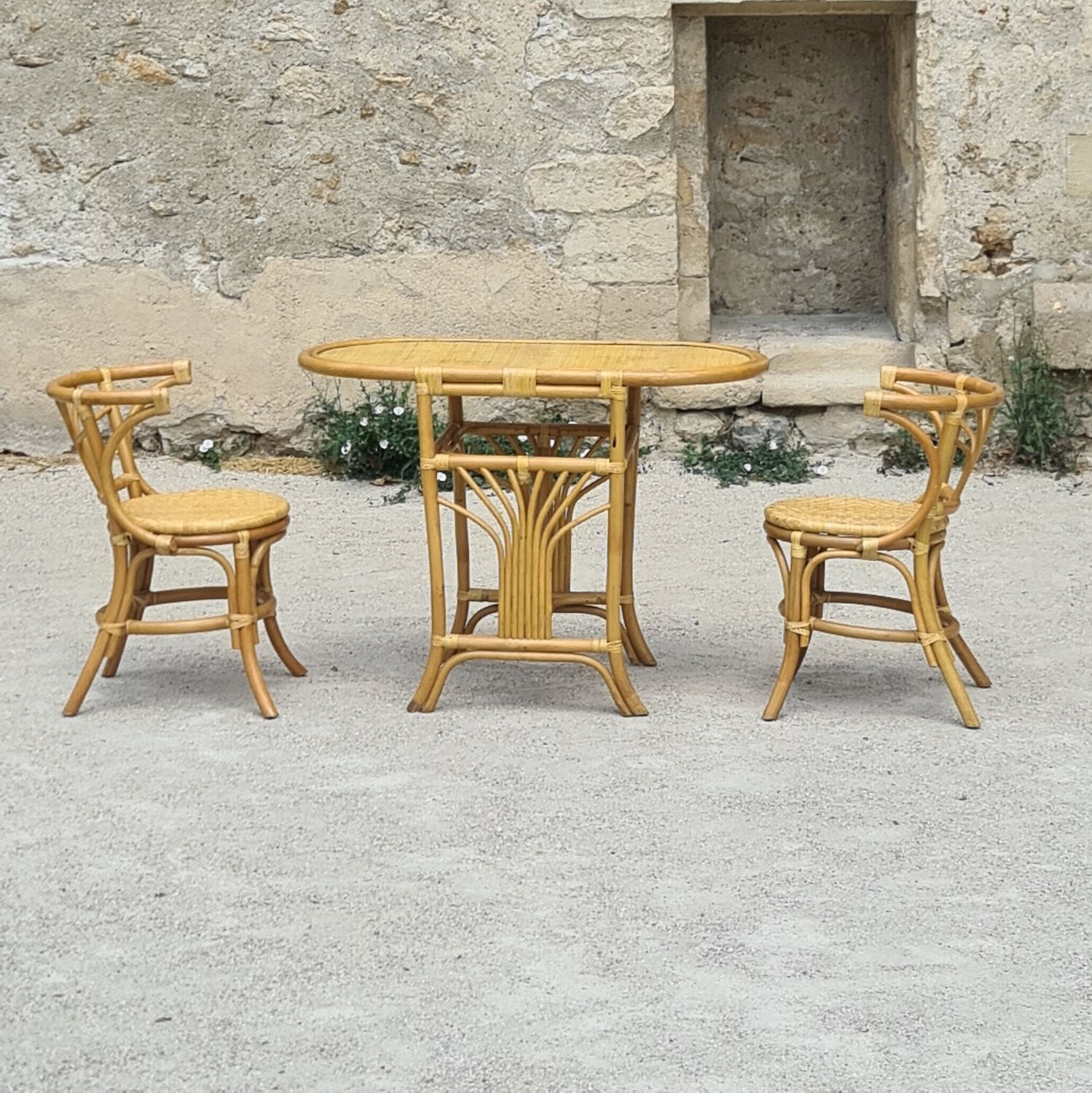 Table and chairs bistrot head to head rattan bamboo 1970