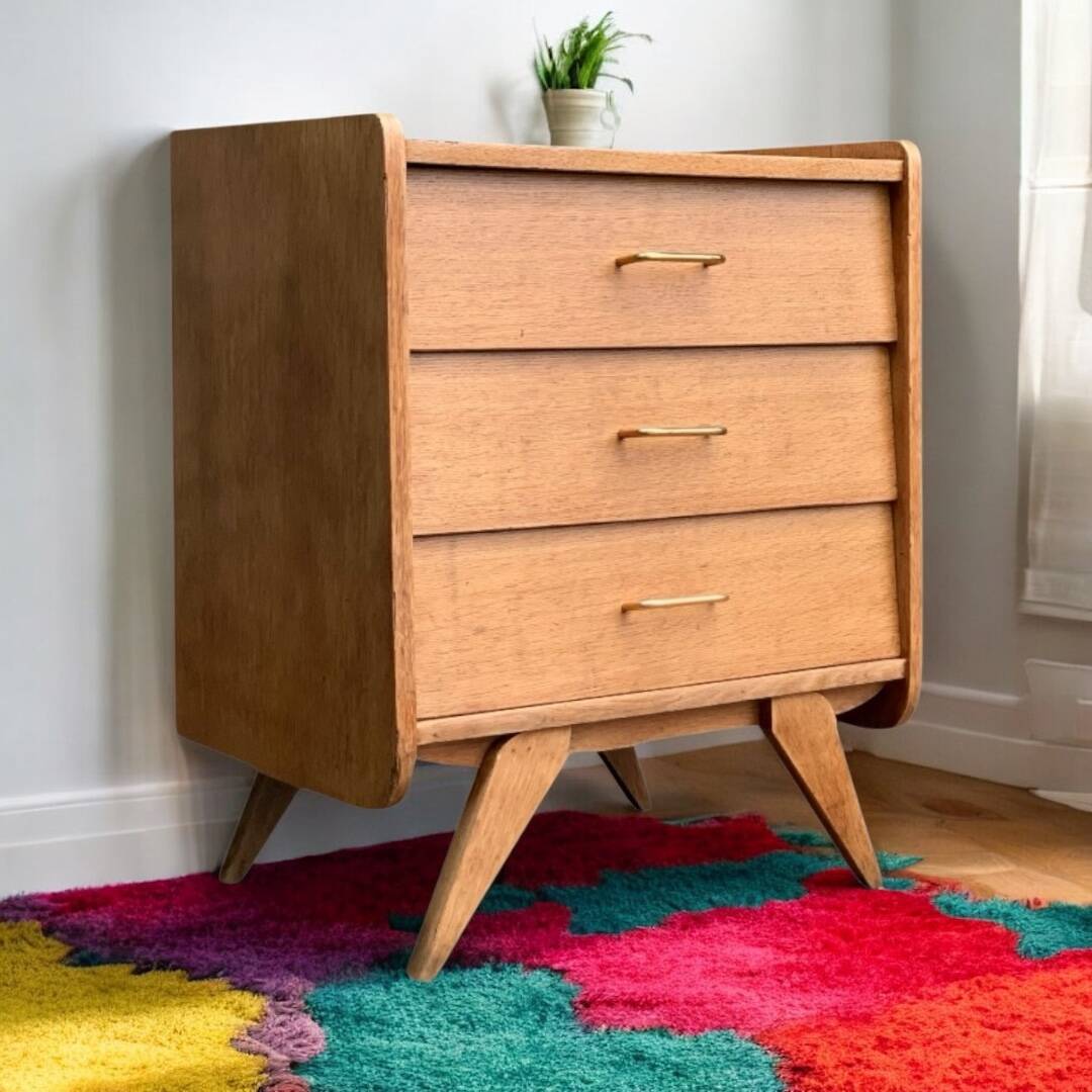 Vintage chest of drawers with compass feet, raw oak, 1960