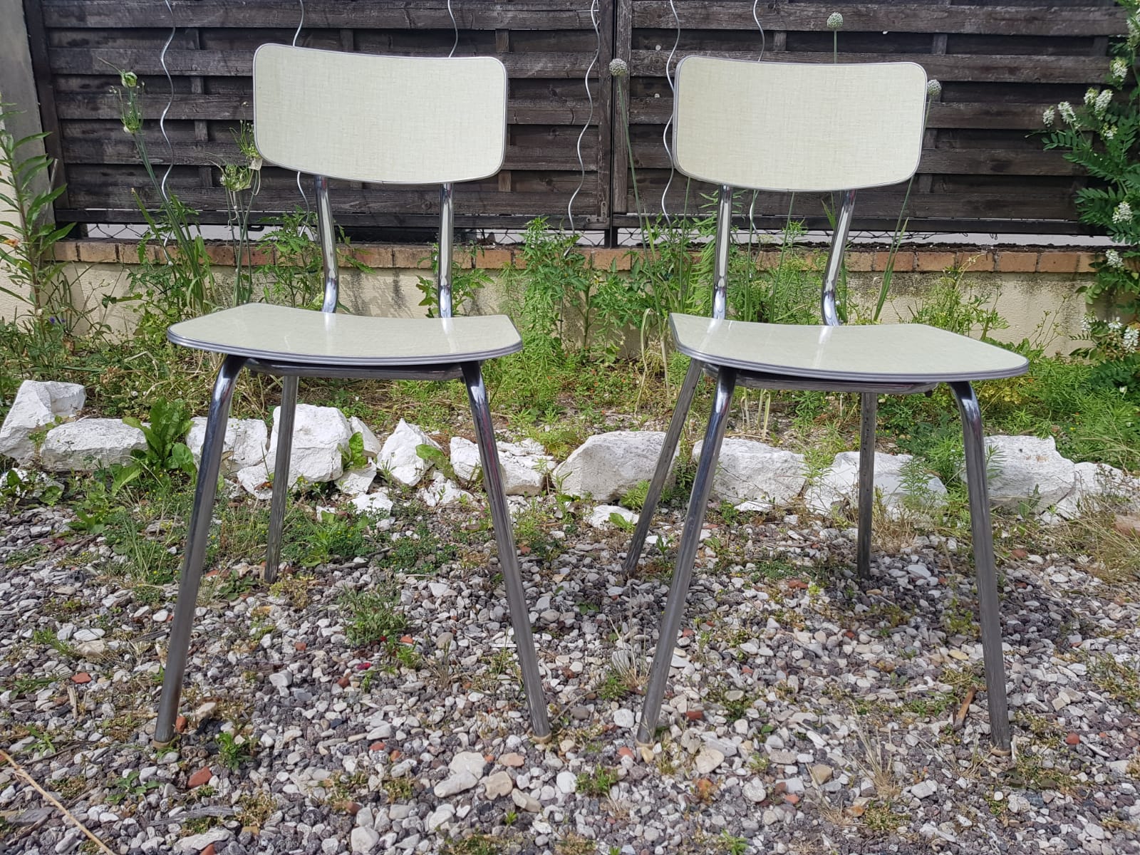 Pair plastilux chrome metal chair & formica + plate 50s vintage