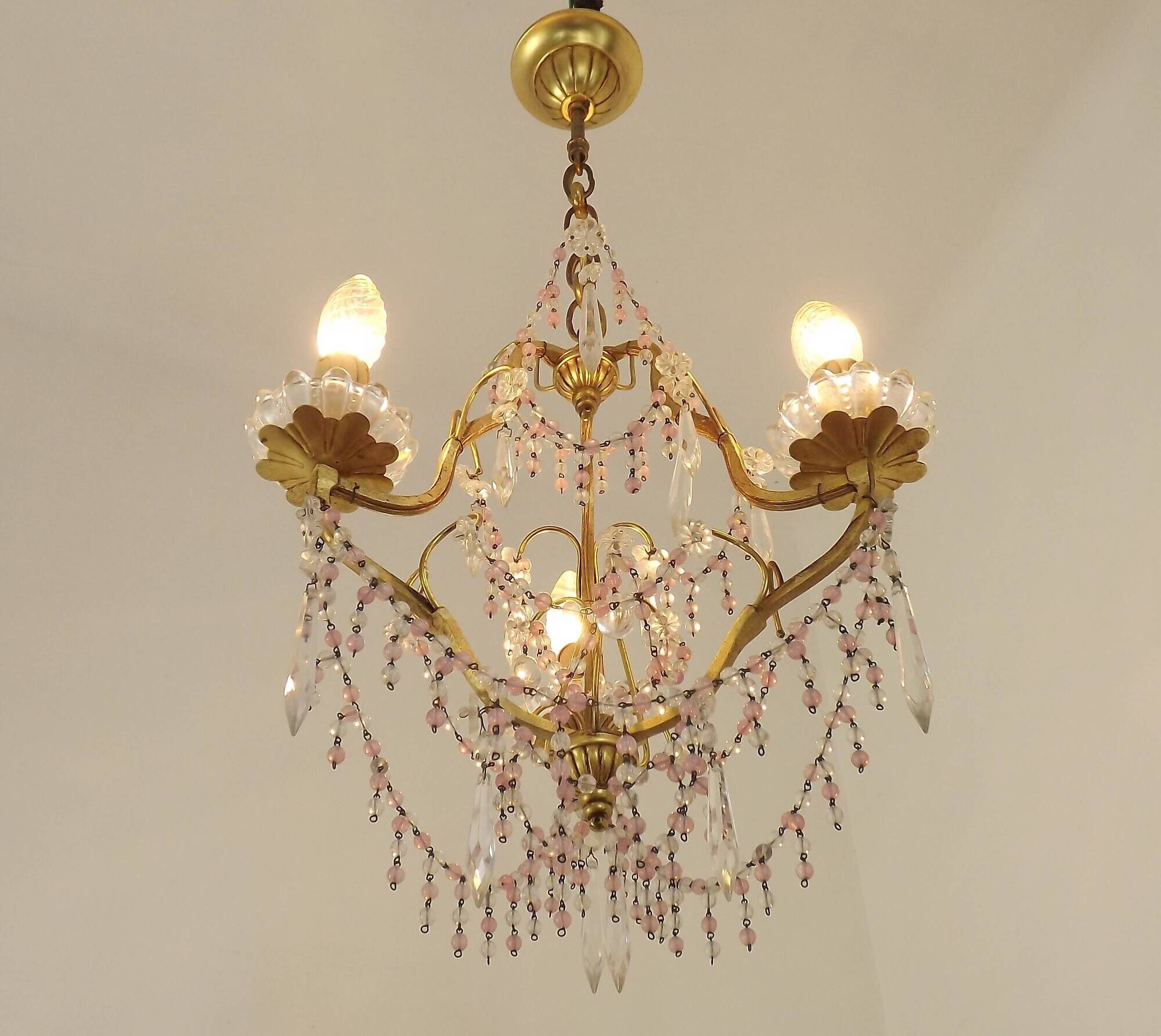 French gilt bronze three-light cage chandelier with pink and clear beaded swags.