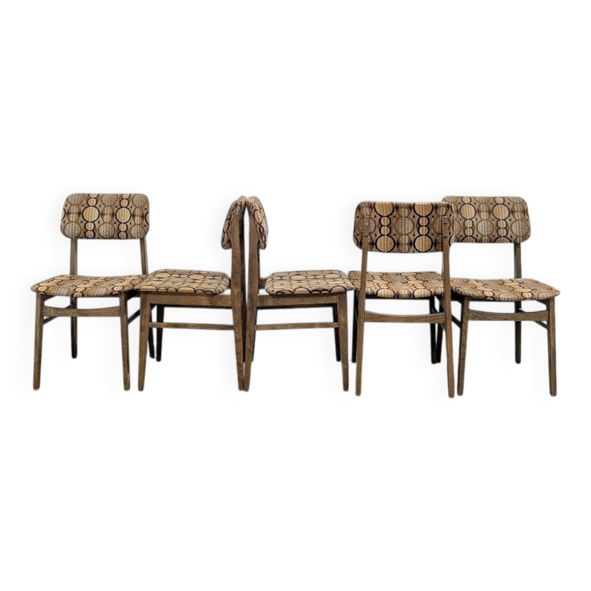 5 vintage oak chairs & original fabric