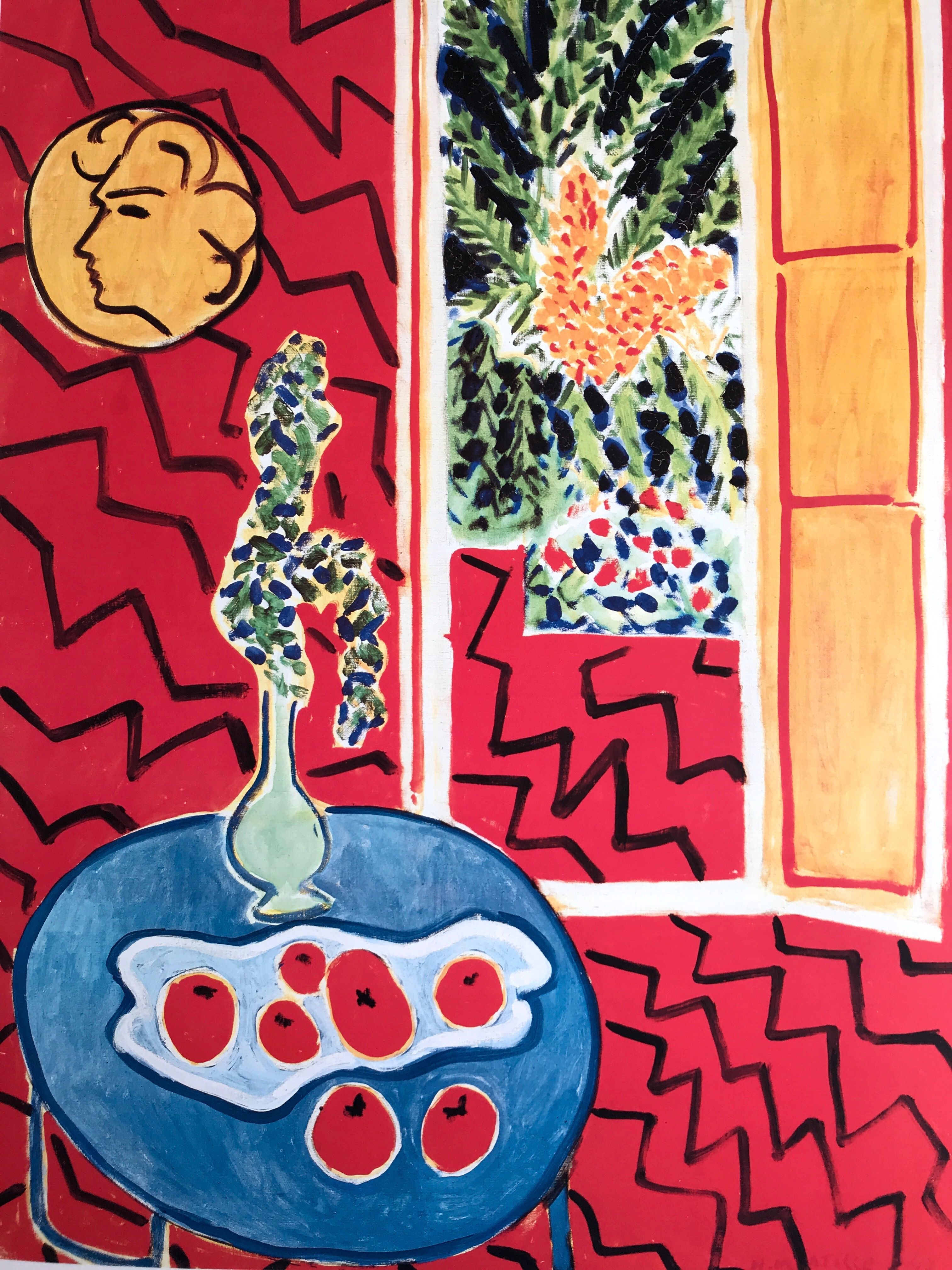 Original poster exhibition henri matisse, red interior, still life on blue table, 1947-1985