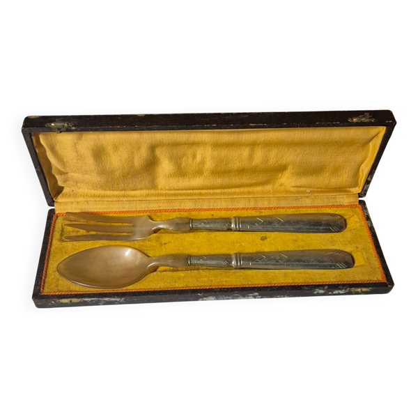 Service salade vintage métal argenté & bakélite 28cm coffret ancien
