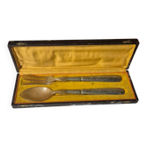 Service salade vintage métal argenté & bakélite 28cm coffret ancien