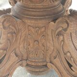 Table with central leg in solid oak, natural wood, carved base