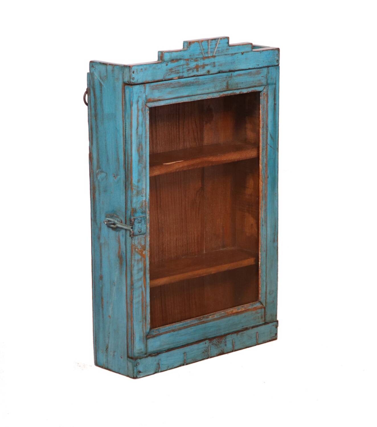 Ancienne vitrine murale art déco en teck birman patine bleue d’origine