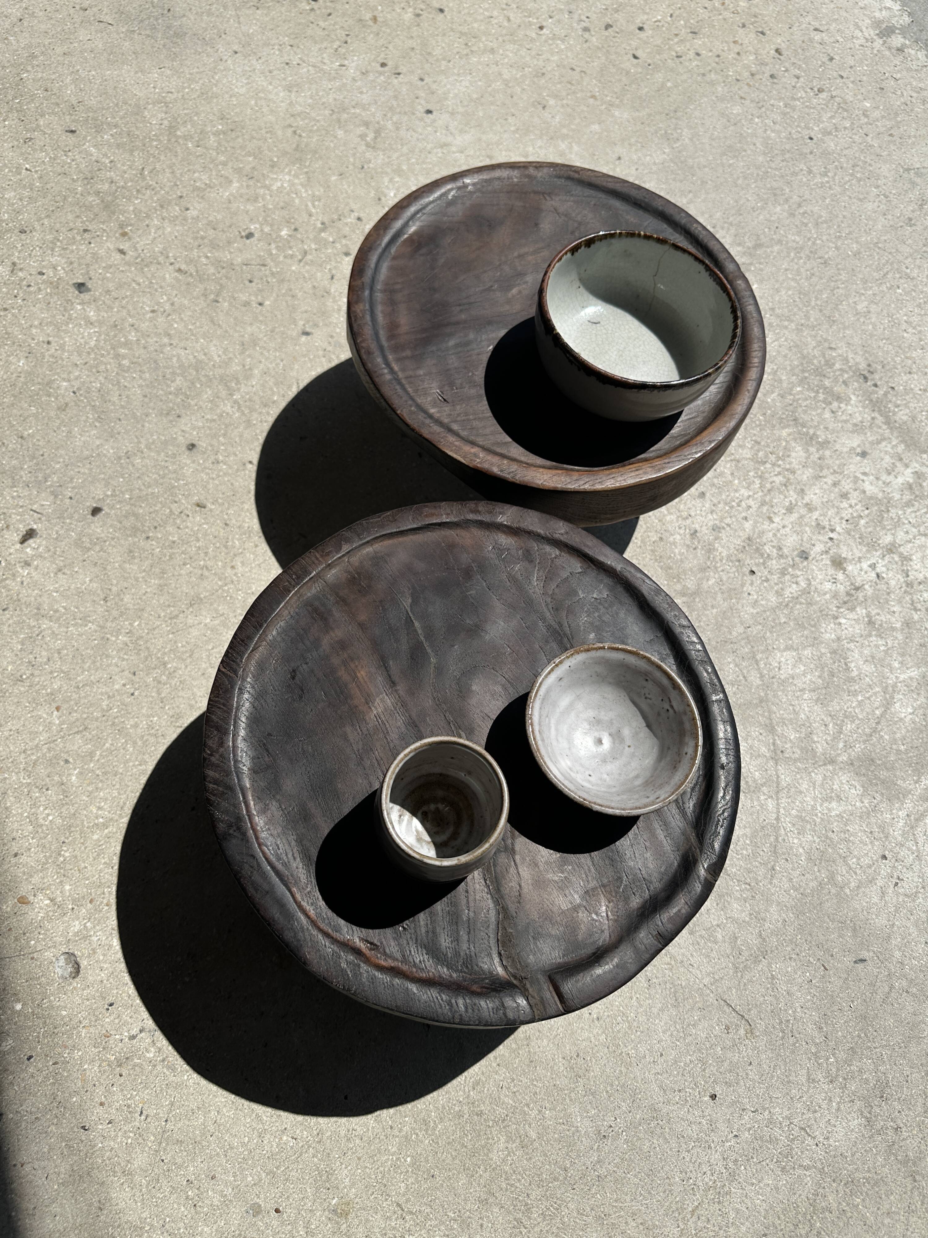 Small tripod stool low in dark brown upcycled teak