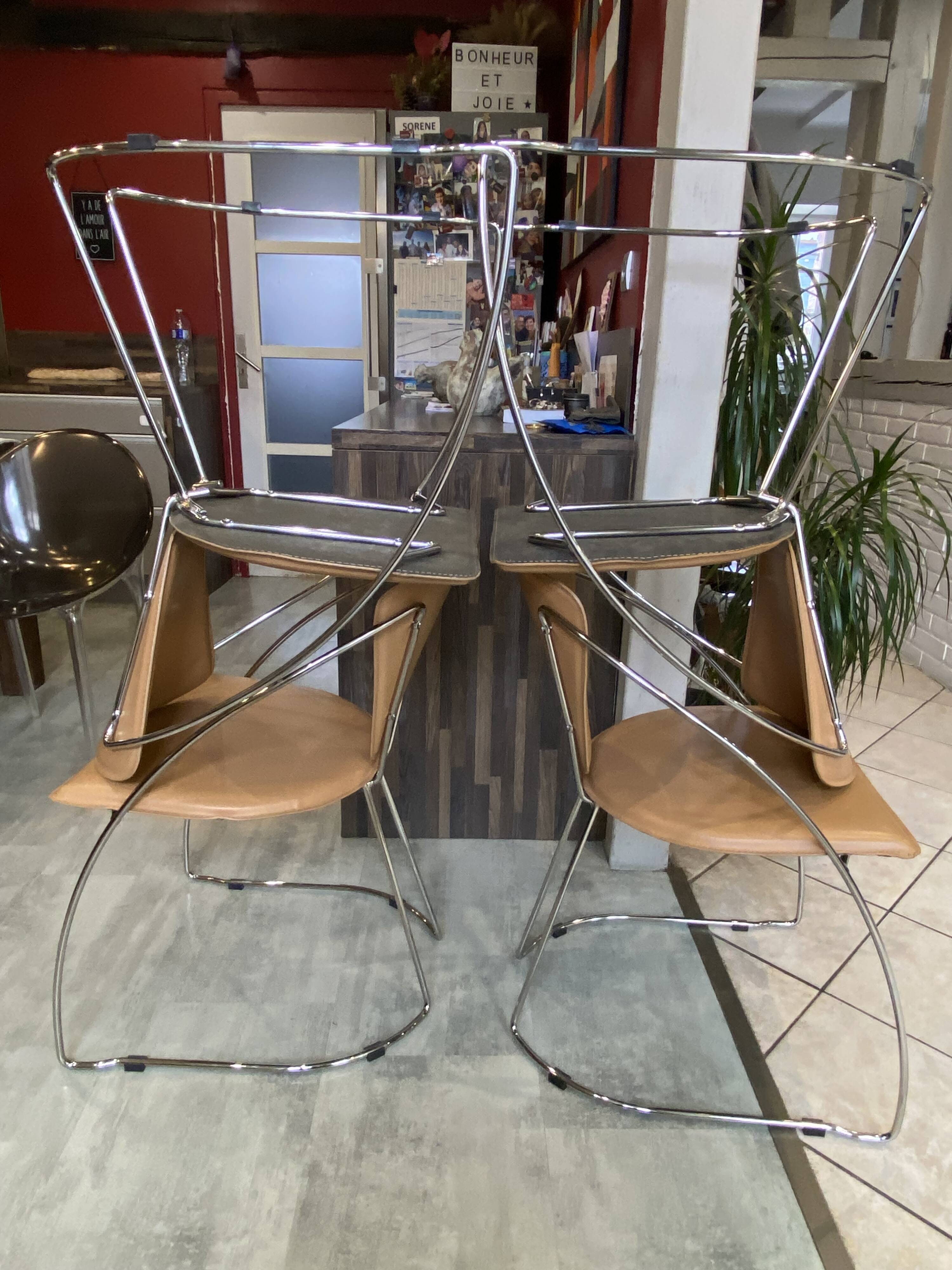 Set of 4 Linda armchairs by Arrben in camel leather with a chrome frame.