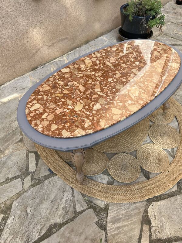 Table basse ovale marbre et bois