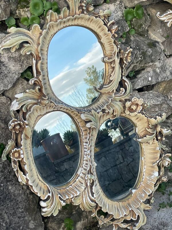 Console Vénitienne en céramique polychrome avec son miroir triptyque époque XIX eme siècle