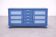 Low wooden buffet painted blue with doors and drawers.